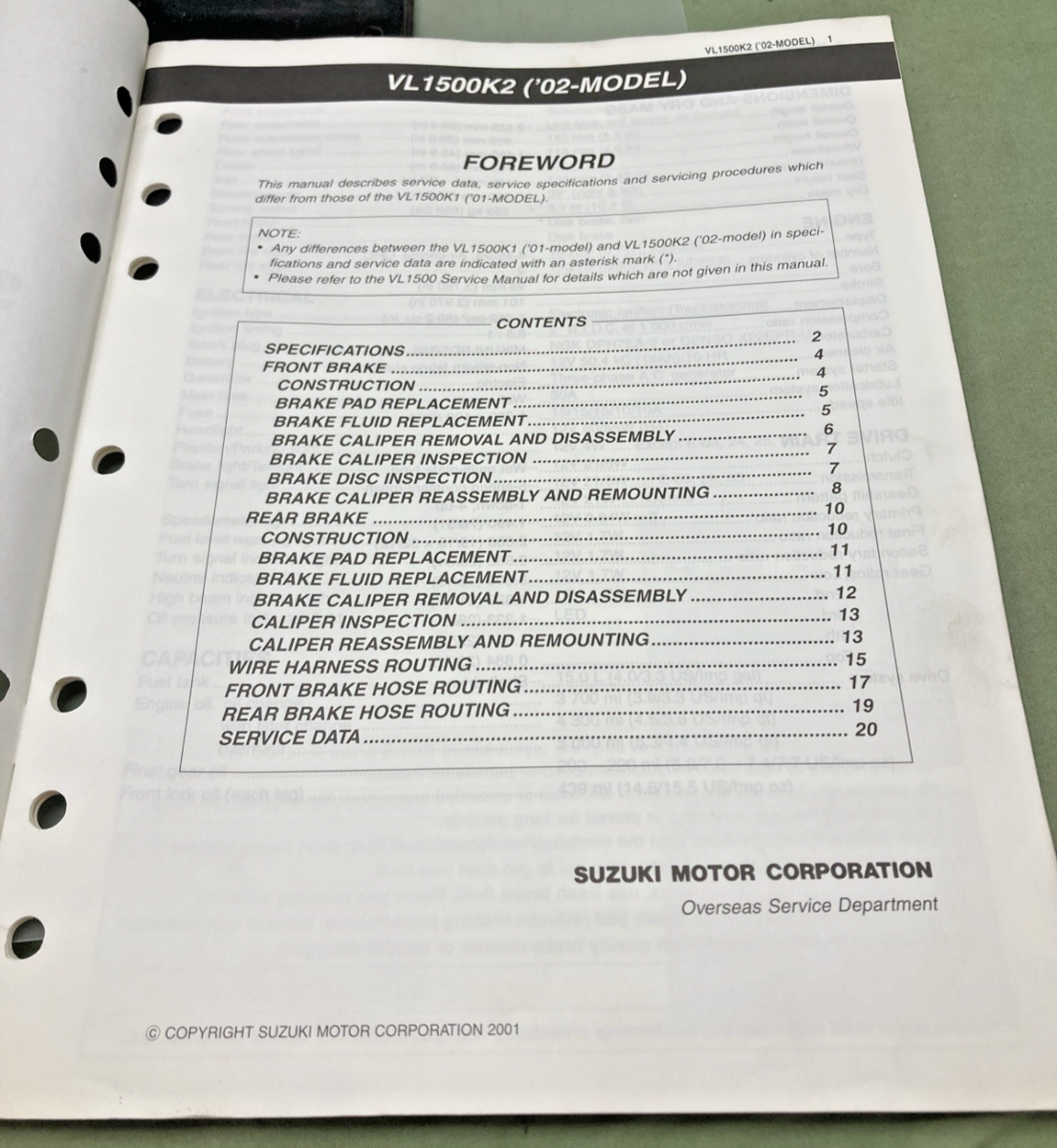 GENUINE SUZUKI 99501-39340-03E VL1500 SUPPLEMENTARY SERVICE MANUAL 2001