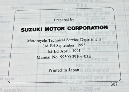 GENUINE SUZUKI 99500-39103-03E GSX1100G SERVICE MANUAL 1991
