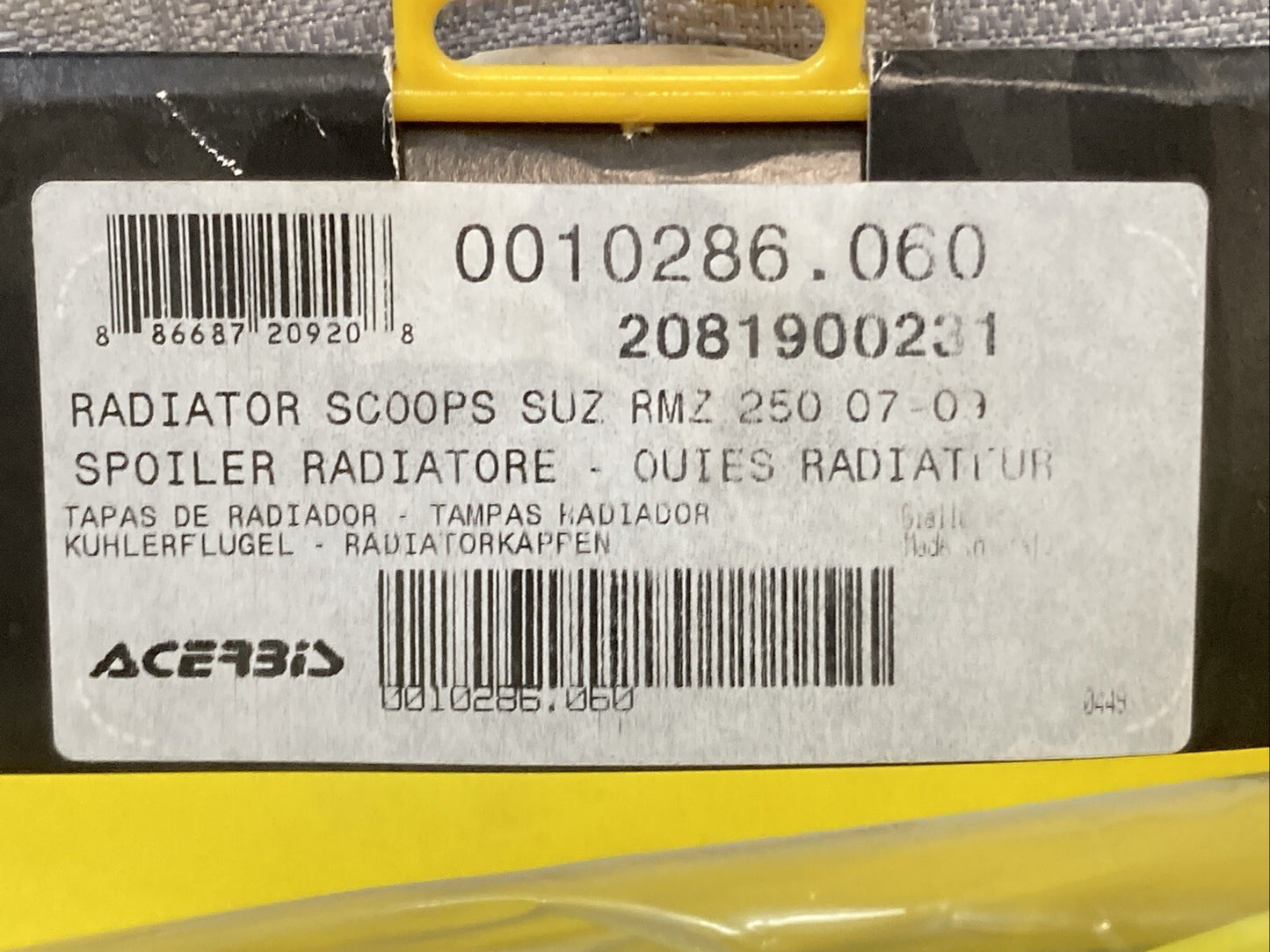 NEW GENUINE ACERBIS 2081900231 RADIATOR SCOOP SET YELLOW FOR SUZUKI RMZ250