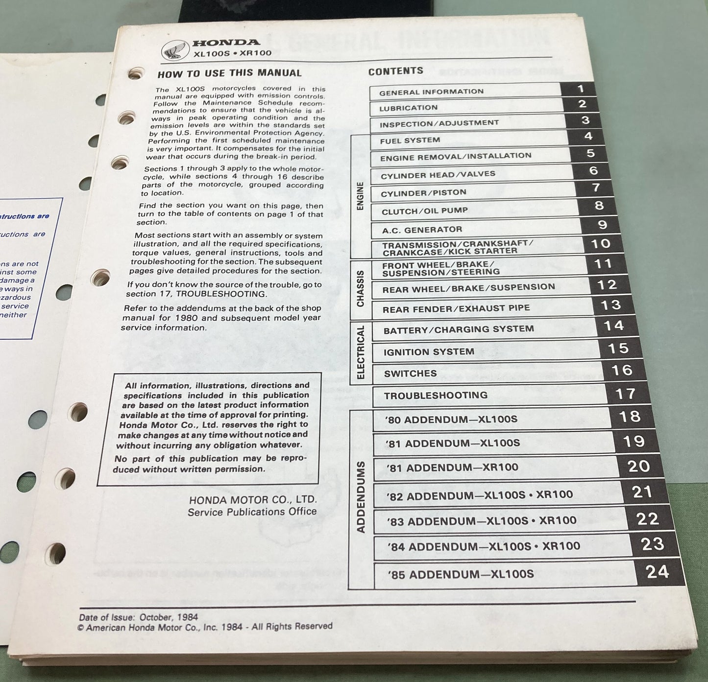 Genuine Honda 6143606 XL100S/XR100 Shop Manual 1984