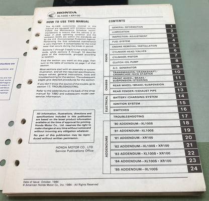 Genuine Honda 6143606 XL100S/XR100 Shop Manual 1984