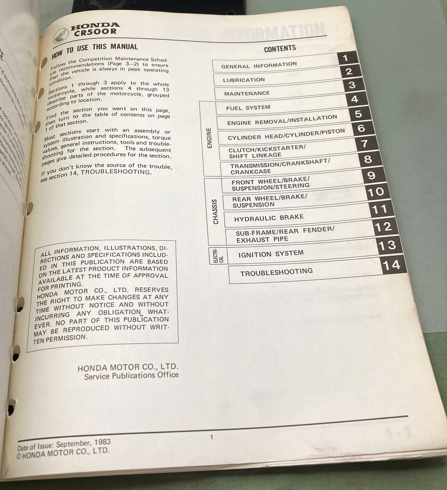 Genuine Honda 61KA502 CR500R Service Manual 1984