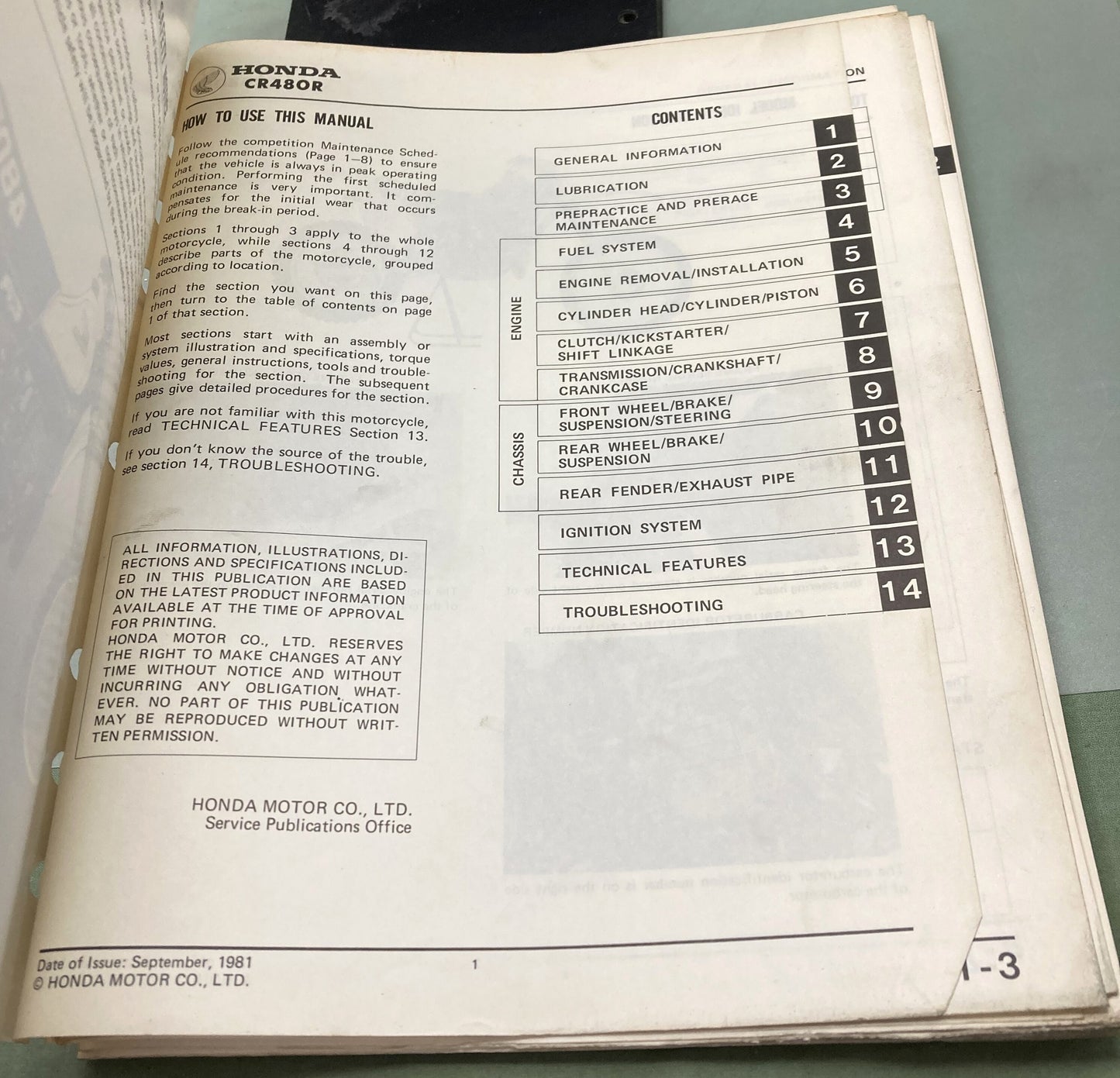 Genuine Honda 61KA501/61KA500 CR480R Shop Manual and Addendum 1982-1983