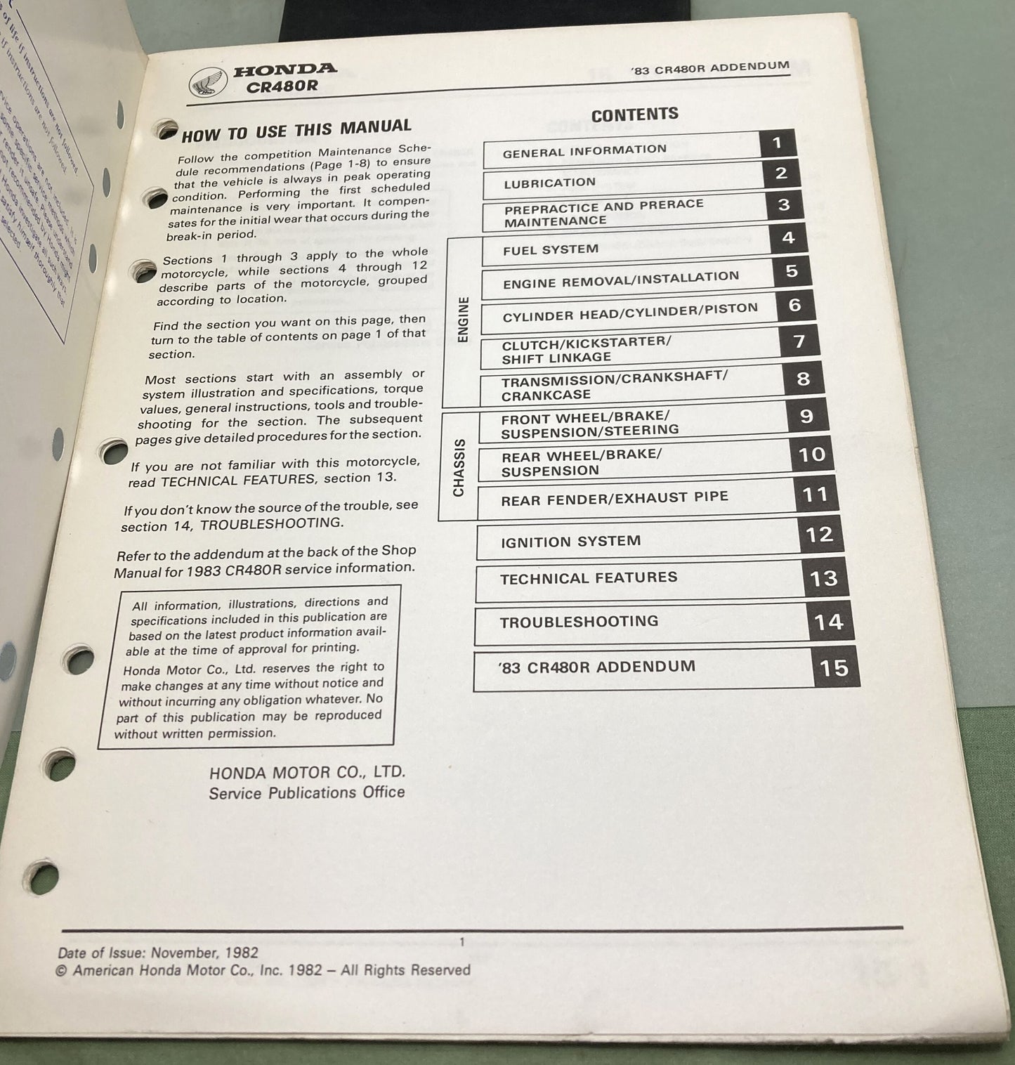Genuine Honda 61KA501/61KA500 CR480R Shop Manual and Addendum 1982-1983