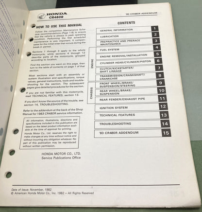 Genuine Honda 61KA501/61KA500 CR480R Shop Manual and Addendum 1982-1983