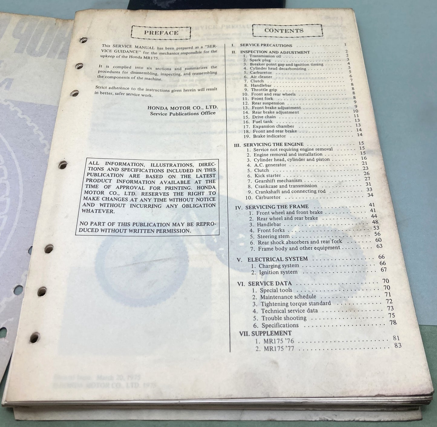 Genuine Honda 6137303 MR175 Shop Manual 1977