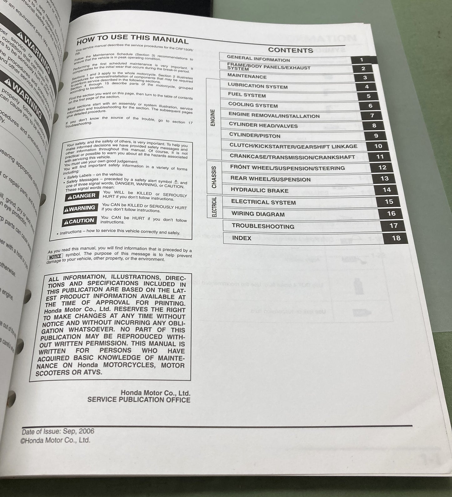 Genuine Honda 61KSE00 CRF150R/RB Service Manual 2006