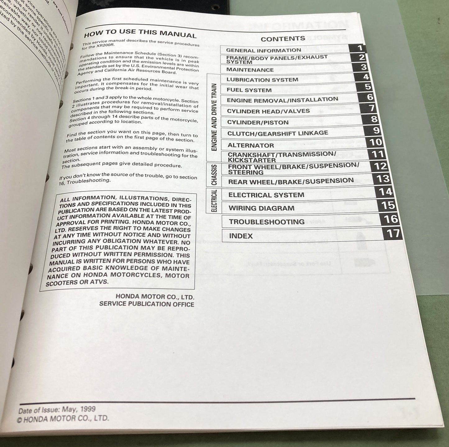 Genuine Honda 61KTO52 XR200R Service Manual 2000-2002