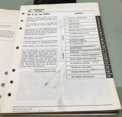 Genuine Honda 61KA202 XR200R Shop Manual 1981-1983