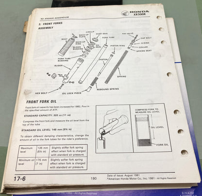 Genuine Honda 61KA202 XR200R Shop Manual 1981-1983