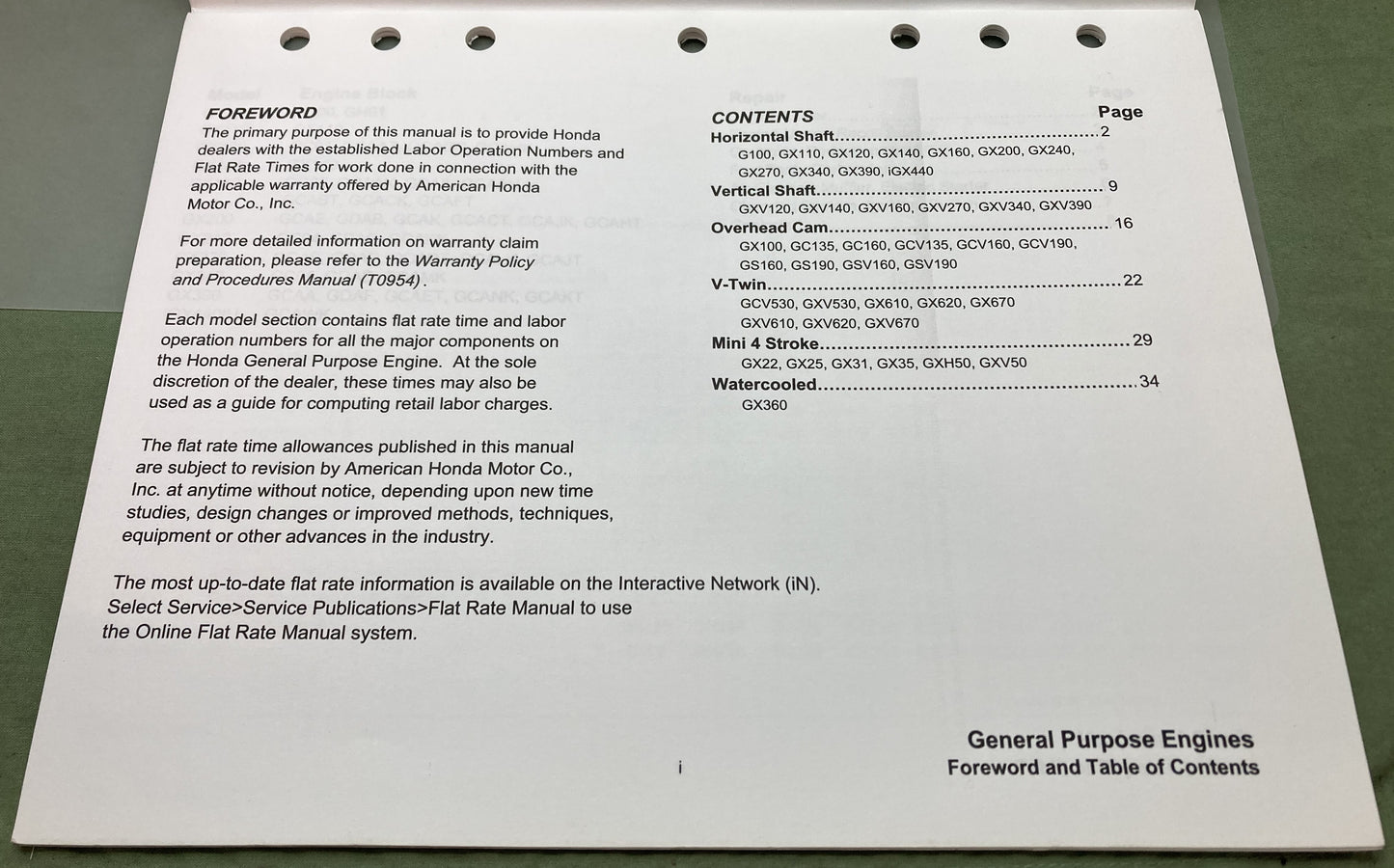 Genuine Honda TE110 Warranty Flat Rate Manual General Purpose Engines 2006