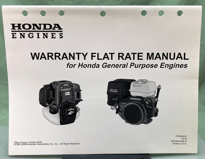 Genuine Honda TE110 Warranty Flat Rate Manual General Purpose Engines 2006