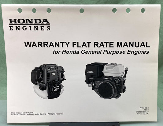 Genuine Honda TE110 Warranty Flat Rate Manual General Purpose Engines 2006