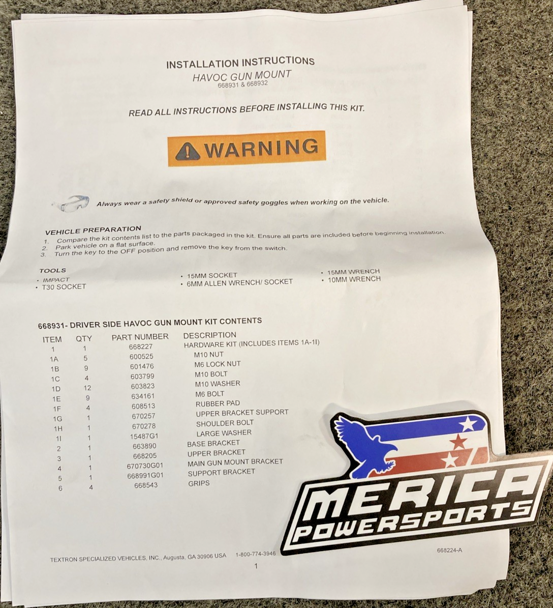 NEW GENUINE ARCTIC CAT 668931 Driver Side Gun Mount - 2018-2020 Havoc