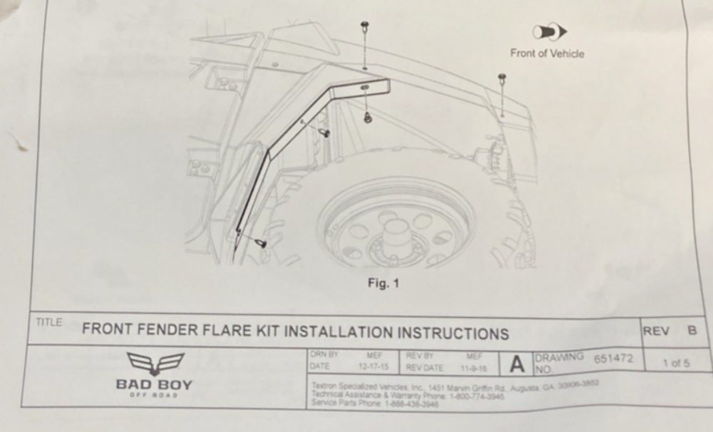 NEW GENUINE BAD BOY OFF ROAD 750813PKG FRONT FENDER FLARE KIT