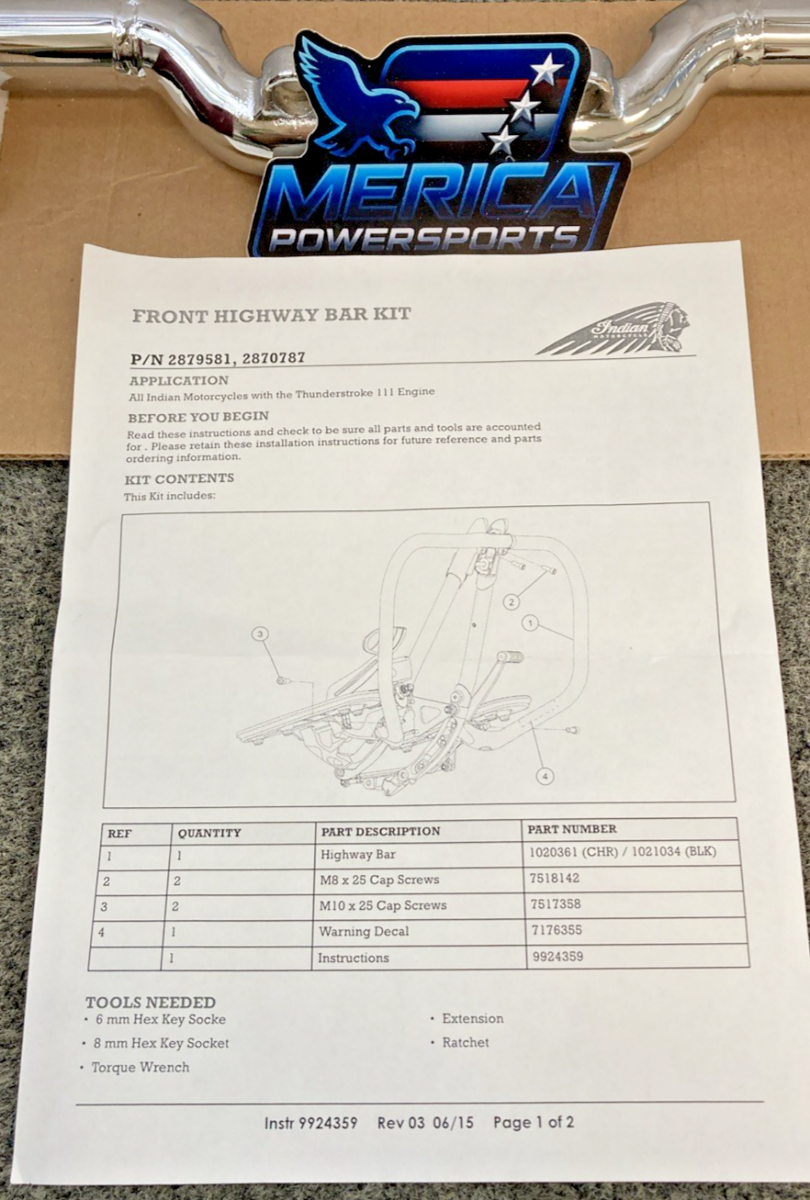 New Genuine Indian Motorcycle 2879581-156 Chrome Highway Bars, 14-21 Chieftain