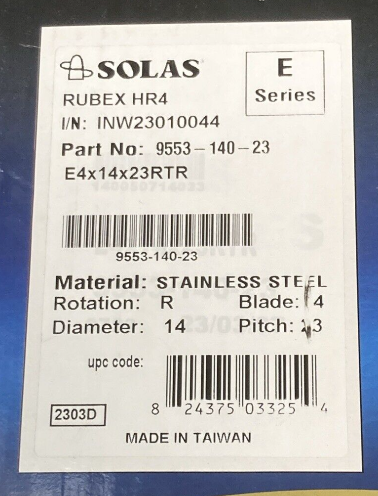 NEW GENUINE SOLAS 9553-140-23 PROPELLER RUBEX E SERIES 4 BLADE RH 14"D 23" PITCH