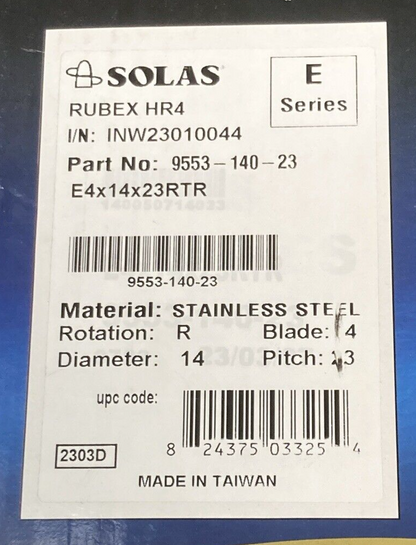 NEW GENUINE SOLAS 9553-140-23 PROPELLER RUBEX E SERIES 4 BLADE RH 14"D 23" PITCH