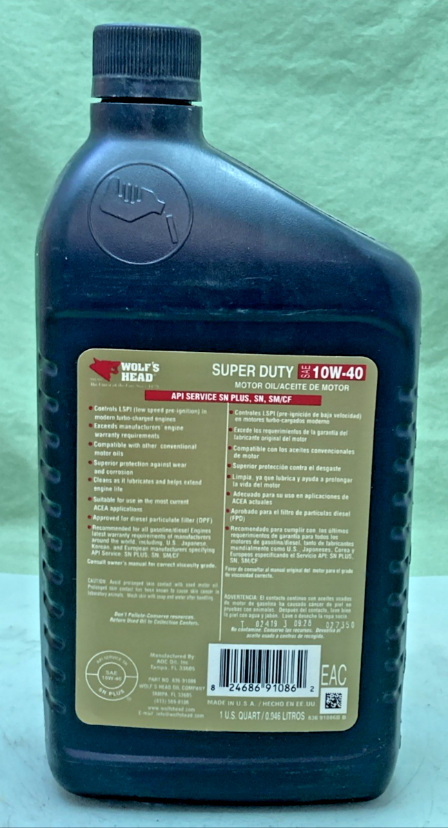 NEW GENUINE WOLF'S HEAD 836 91086B SUPER-DUTY API SN PLUS MOTOR OIL SAE 10W-40