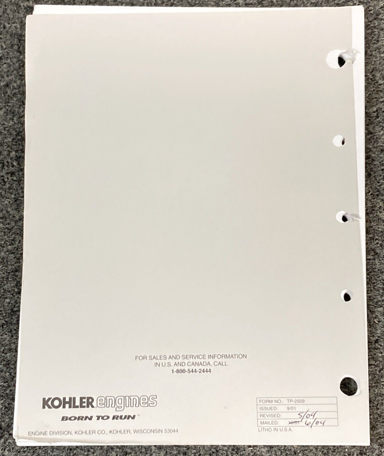 GENUINE KOHLER ENGINES TP-2509 LOOSE-LEAF AEGIS SERVICE MANUAL