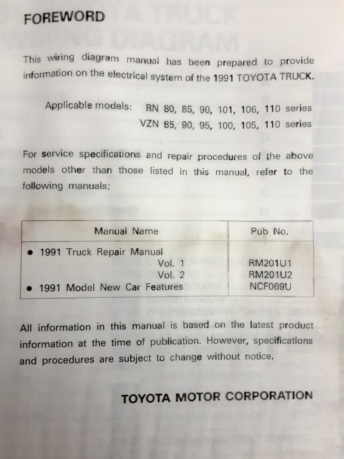 TOYOTA 1991 TRUCK ELECTRICAL WIRING DIAGRAM SERVICE REPAIR MANUAL