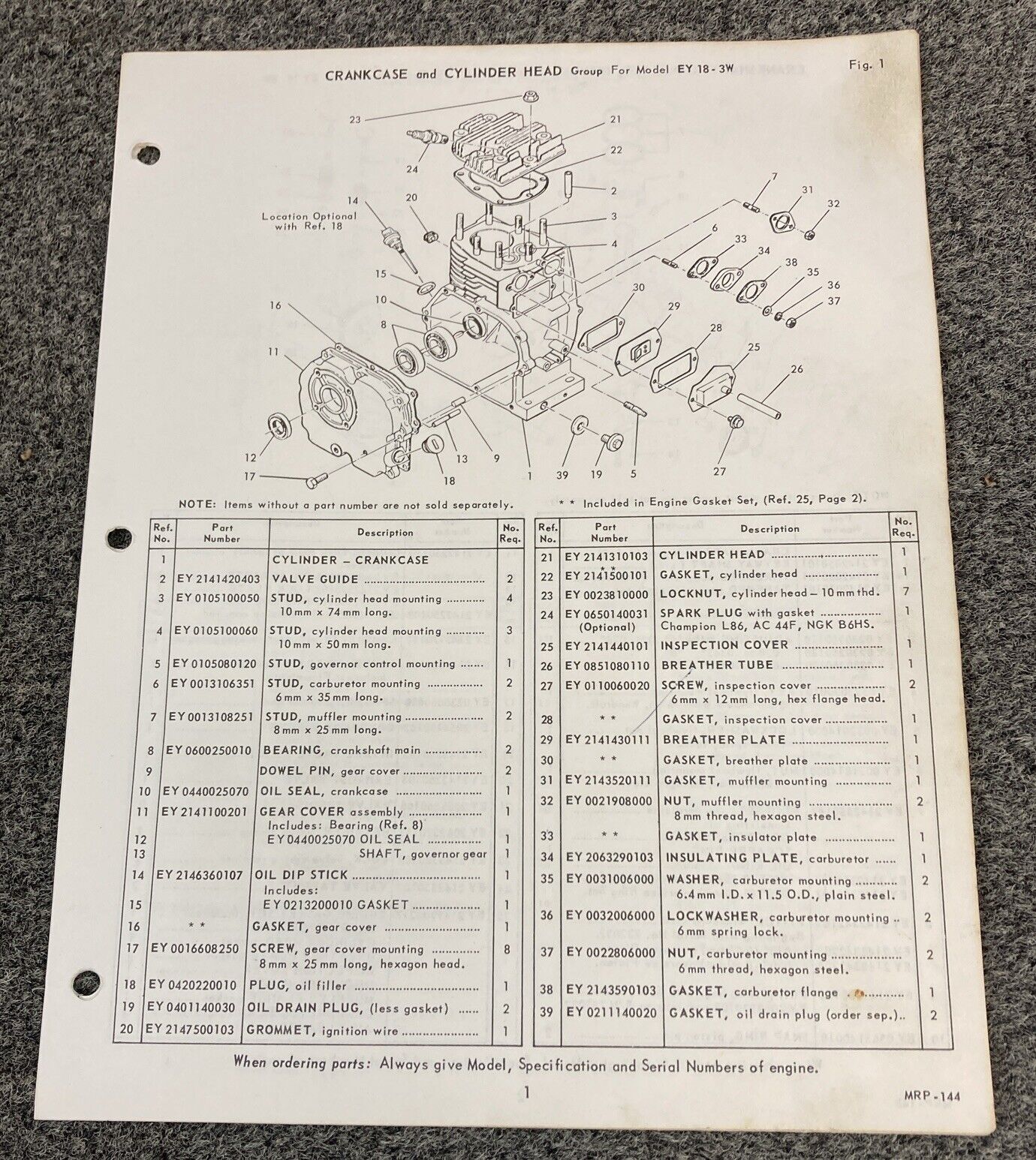 TELEDYNE WISCONSIN ROBIN EY18-3W LOOSE-LEAF SERVICE PARTS MANUAL