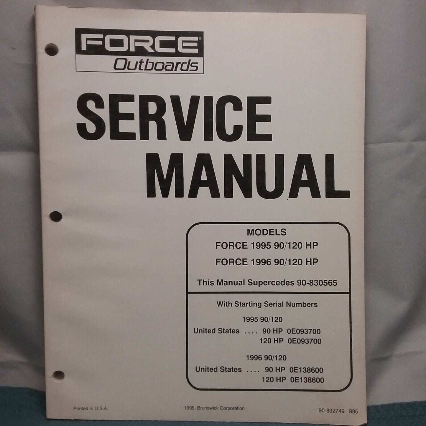 FORCE OUTBOARDS 90-832749 SERVICE MANUAL 90/120 H.P. 1995-1996