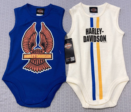 NEW HARLEY DAVIDSON 3052231 Boys 2-Pack Rib Bodysuit Creeper Set Blu/White 6/9MO