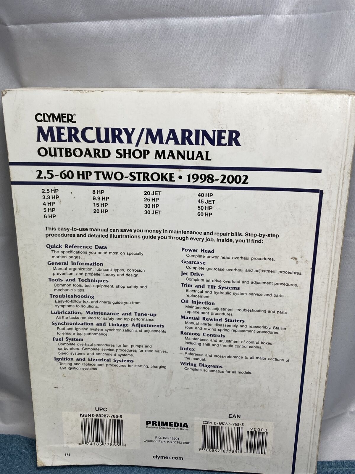 CLYMER MERCURY/MARINER B725 OUTBOARD SHOP MANUAL 1998-2002 024185778554