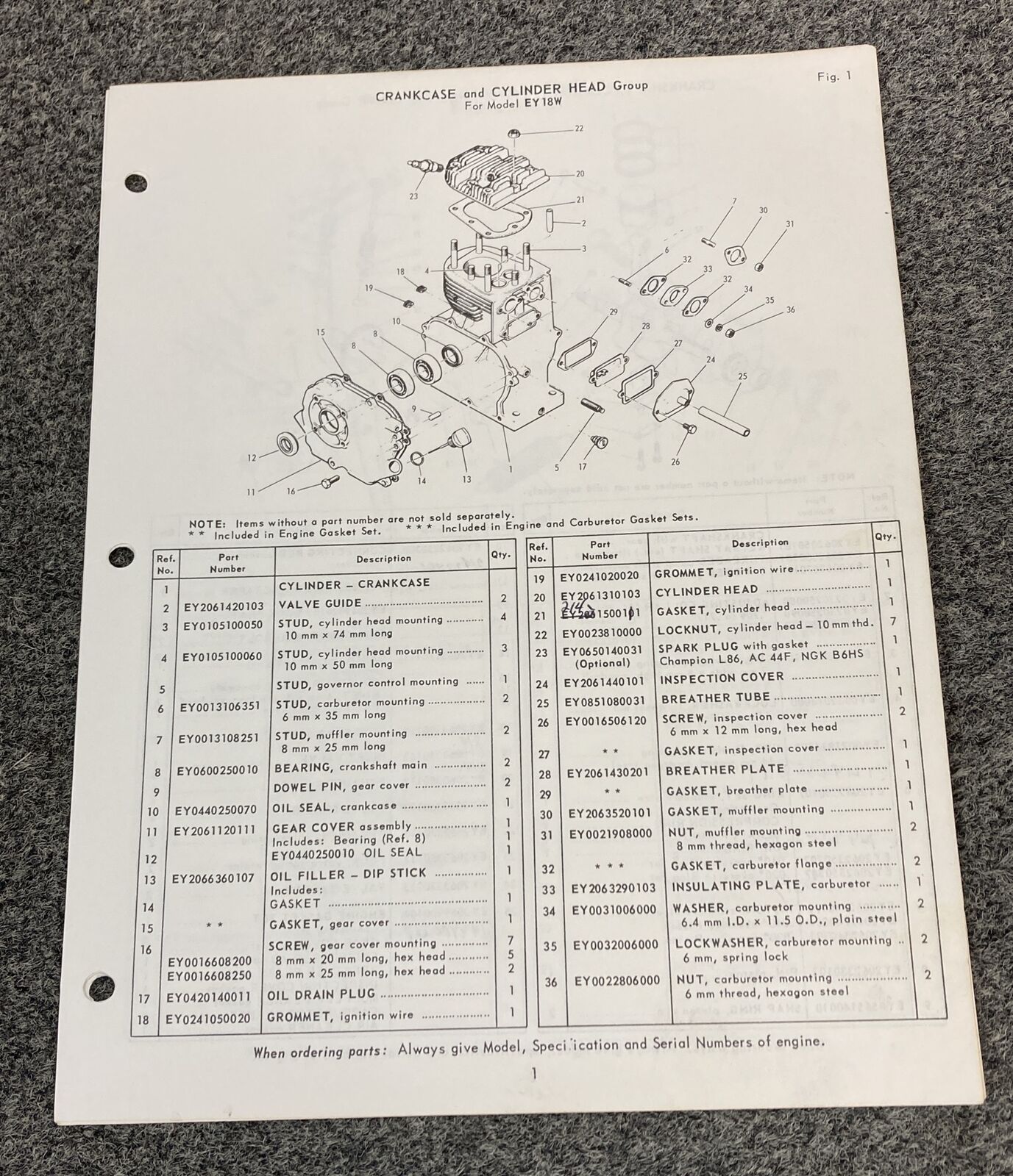 TELEDYNE WISCONSIN ROBIN EY18W LOOSE-LEAF SERVICE PARTS MANUAL