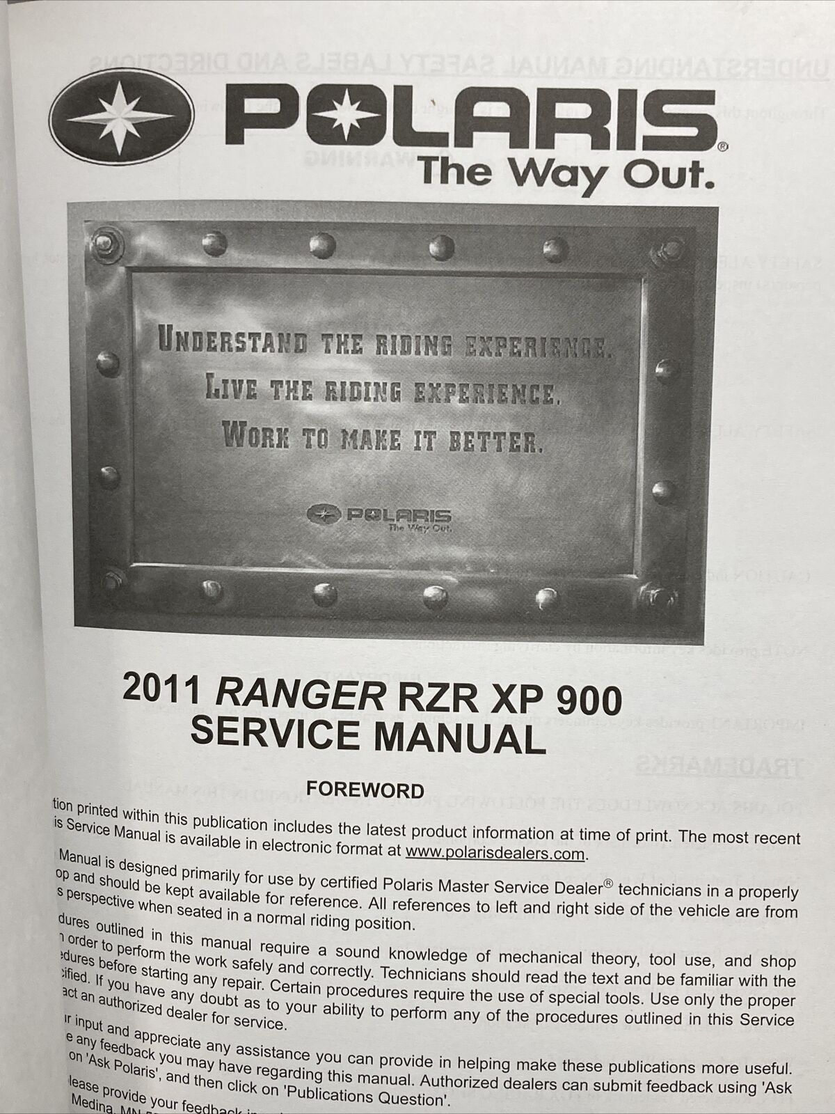 NEW POLARIS 9923144 RANGER RZR XP 900 SERVICE MANUAL 2011