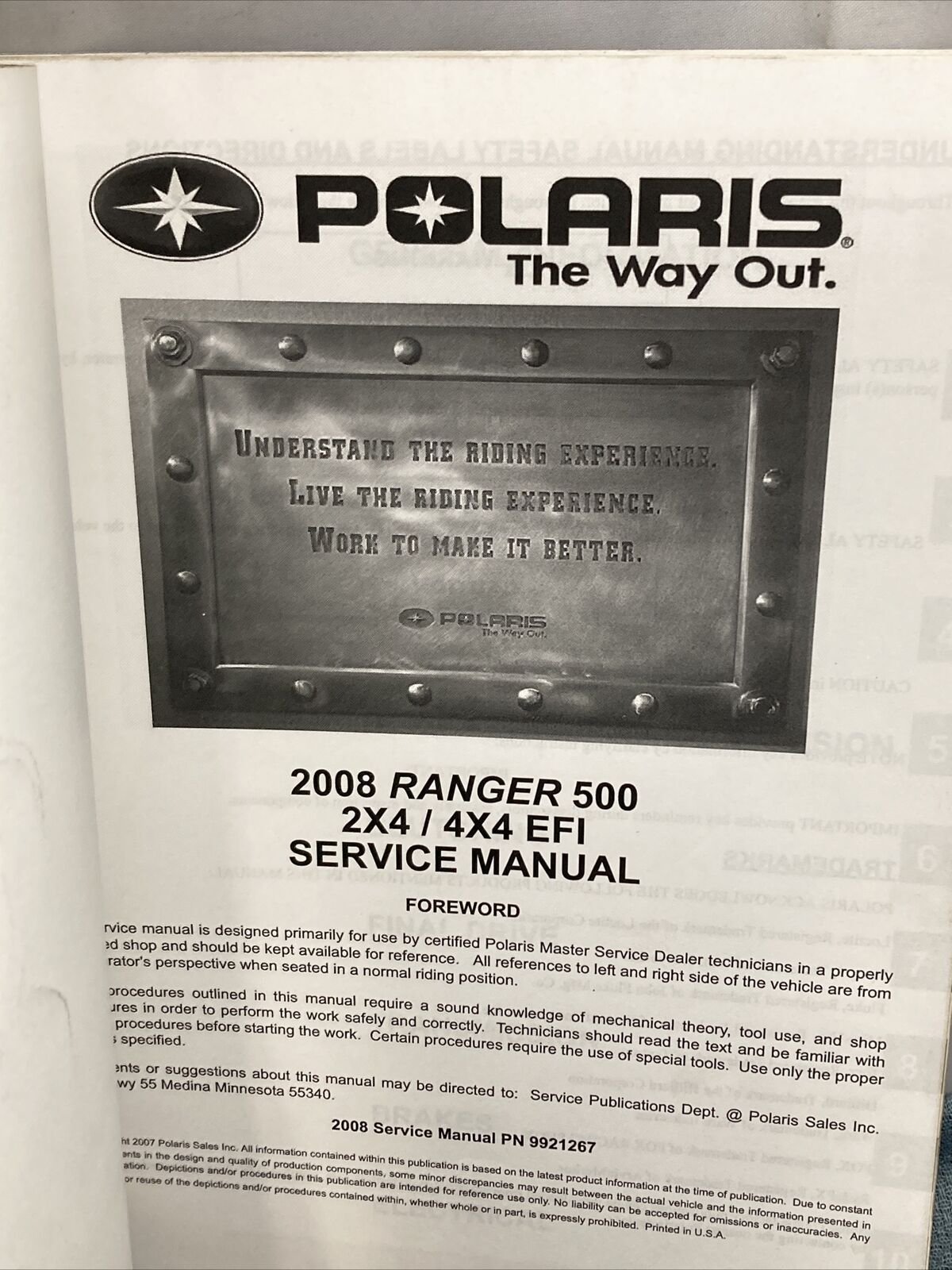 GENUINE POLARIS 9921267 RANGER 500 2X4/4X4 EFI SERVICE MANUAL 2008