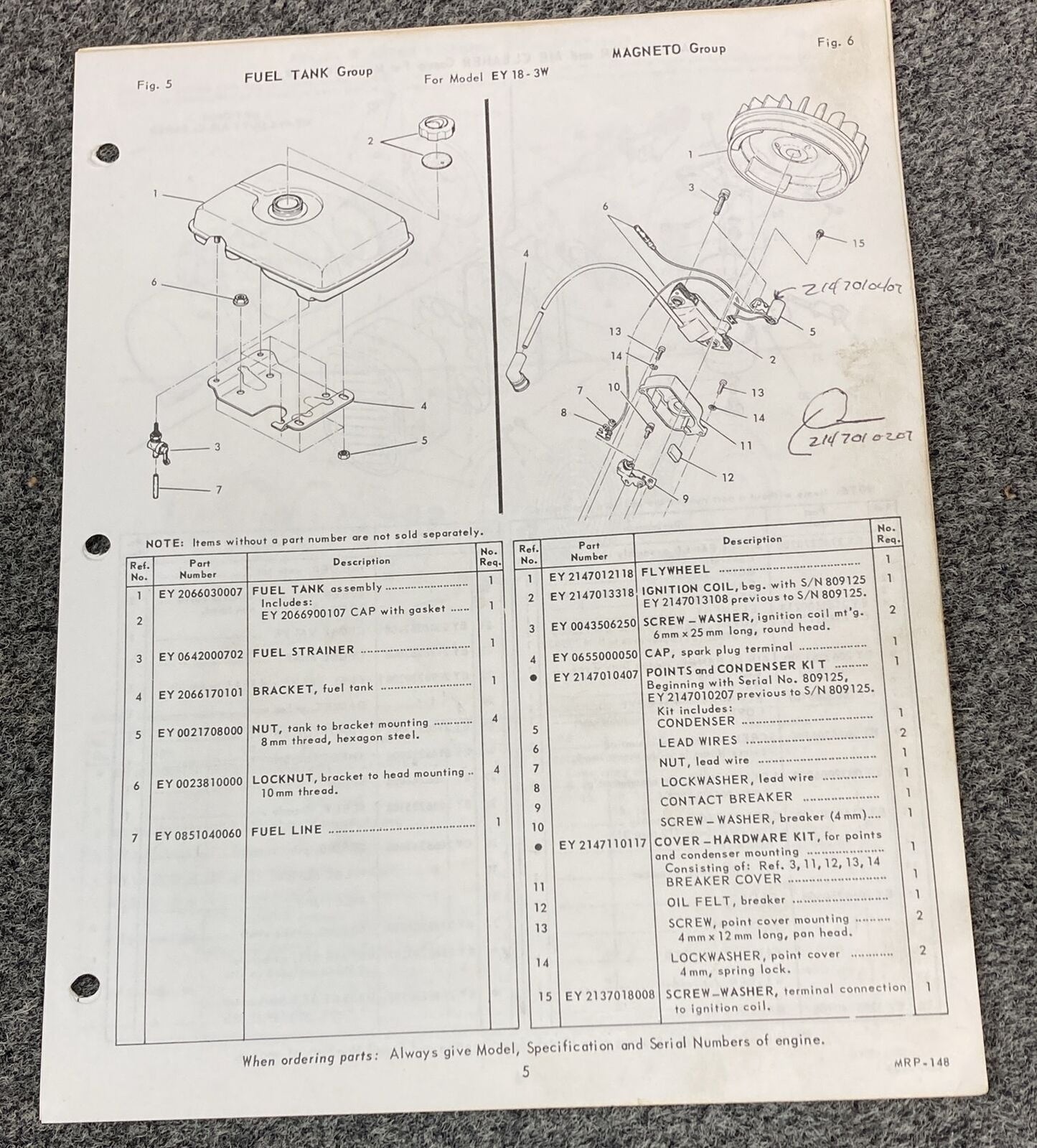 TELEDYNE WISCONSIN ROBIN EY18-3W LOOSE-LEAF SERVICE PARTS MANUAL