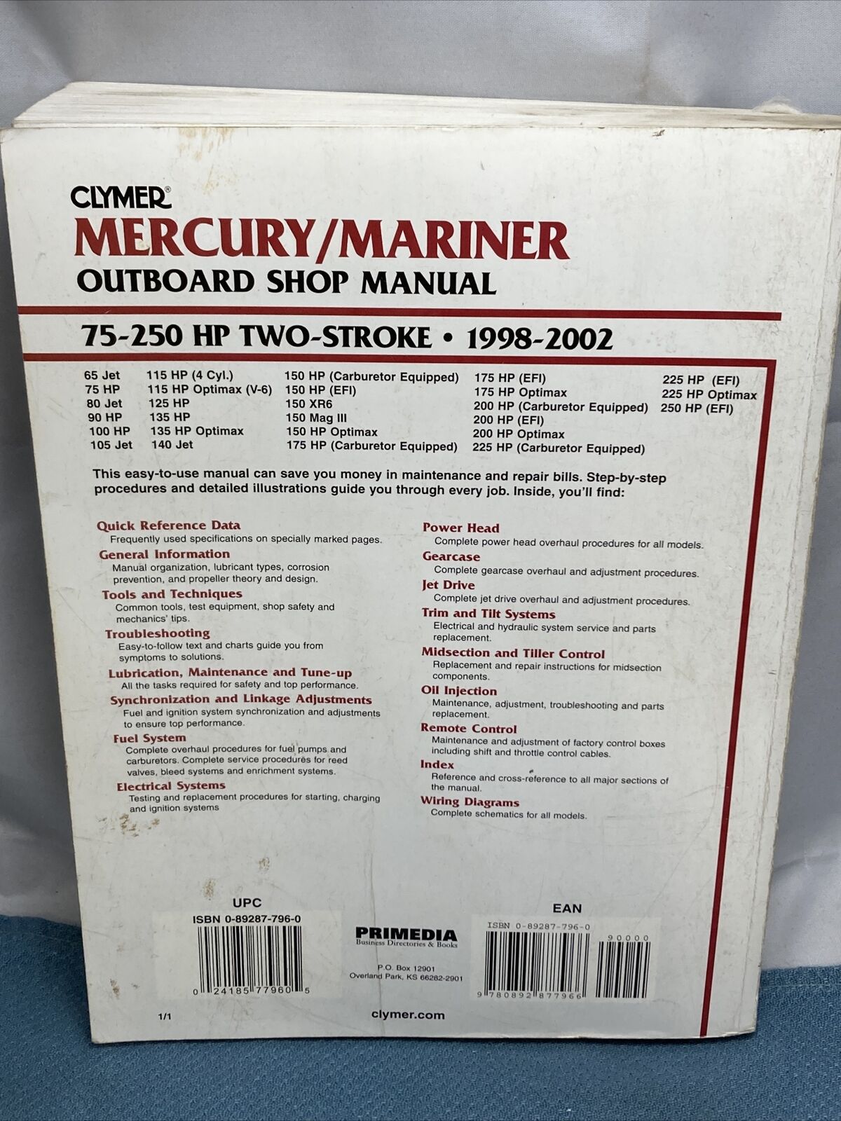 CLYMER MERCURY/MARINER B727 OUTBOARD SHOP MANUAL 1998-2002 024185779605