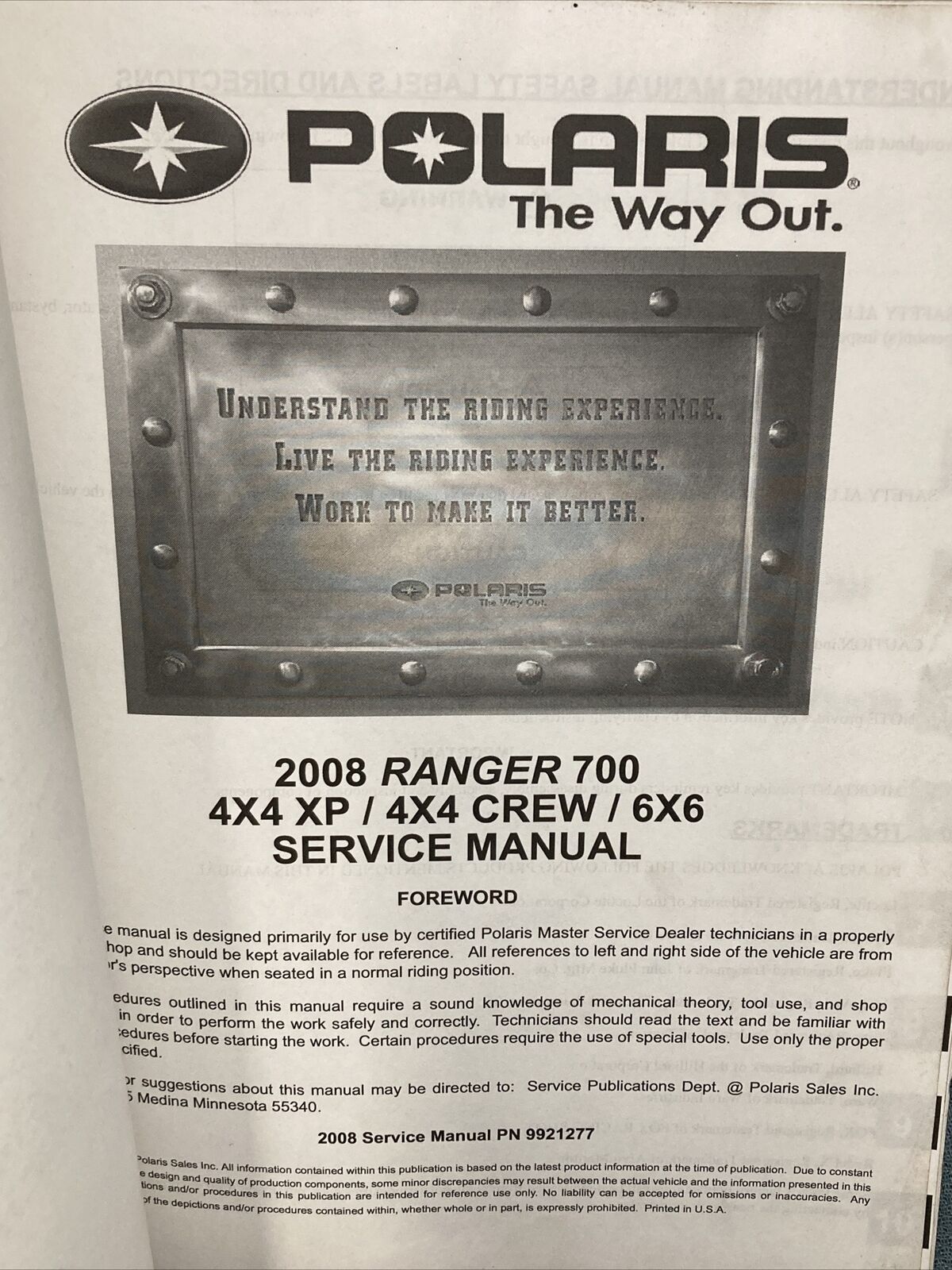 GENUINE POLARIS 9921277 RANGER 700 4X4 XP/ 4X4 CREW/ 6X6 SERVICE MANUAL 2008