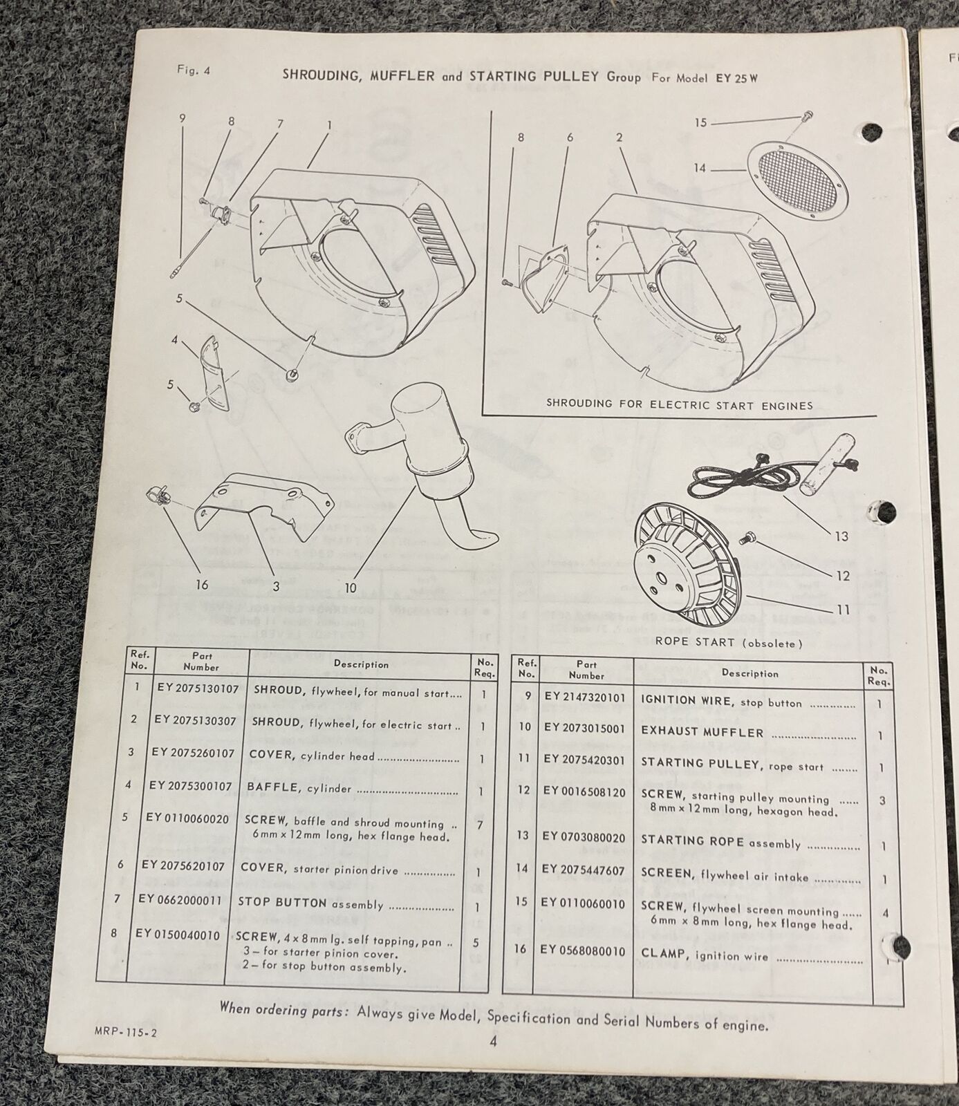 TELEDYNE WISCONSIN ROBIN EY25W LOOSE-LEAF SERVICE PARTS MANUAL