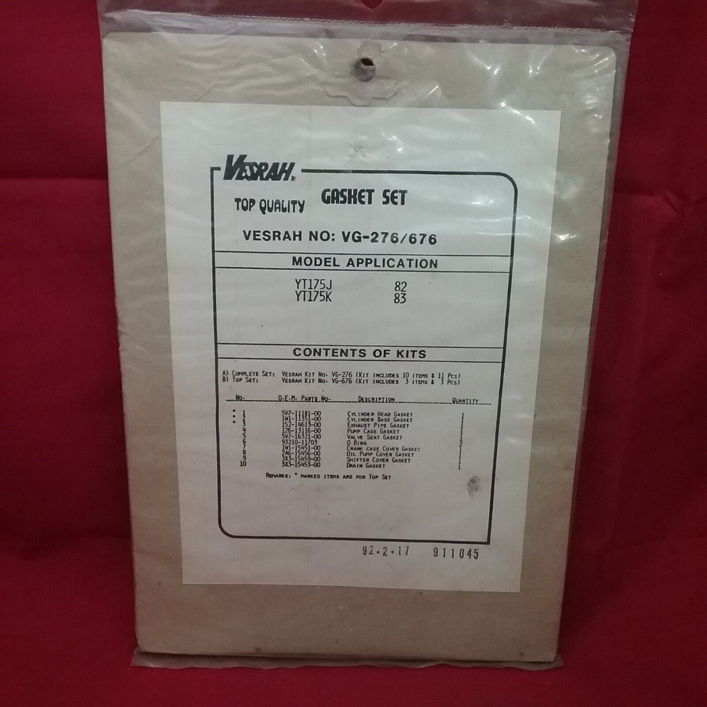 NEW VESRAH VG-676 TOP END GASKET KIT Yamaha YT175 Tri-Moto 1982-1983