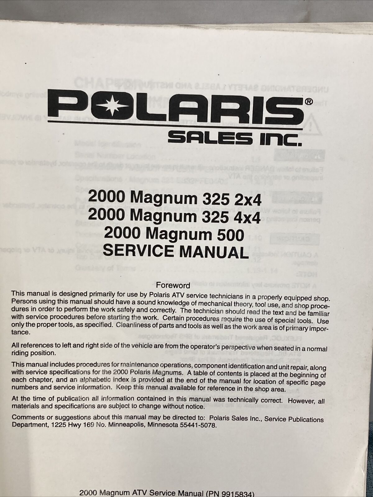 GENUINE POLARIS 9915834 MAGNUM 325/500 SERVICE MANUAL 2000