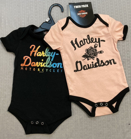 NEW GENUINE HARLEY DAVIDSON 3009235 12-18M GIRL 2PK RIB BODYSUIT PINK/BLK