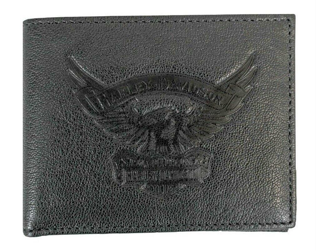 NEW HARLEY DAVIDSON EE9035L-BLK Mens Eagle Emboss Leather Bifold Plus One Wallet