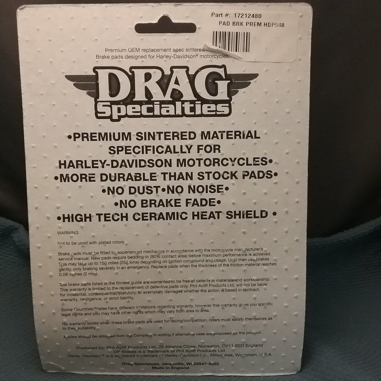 NEW DRAG SPECIALTIES 1721-2480 BRAKE PADS, SINTERED HARLEY/BUELL HDP948