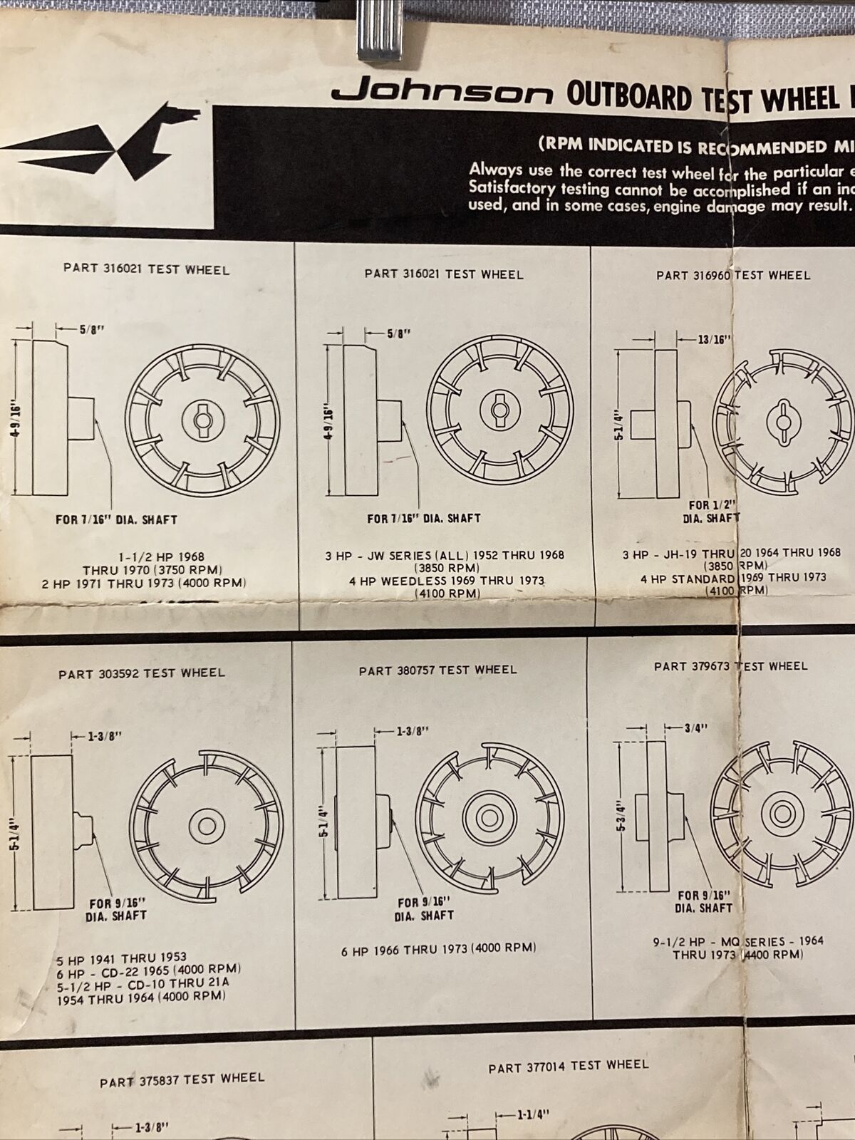 JOHNSON JM-7313 OUTBOARD TEST WHEEL IDENTIFICATION CHART