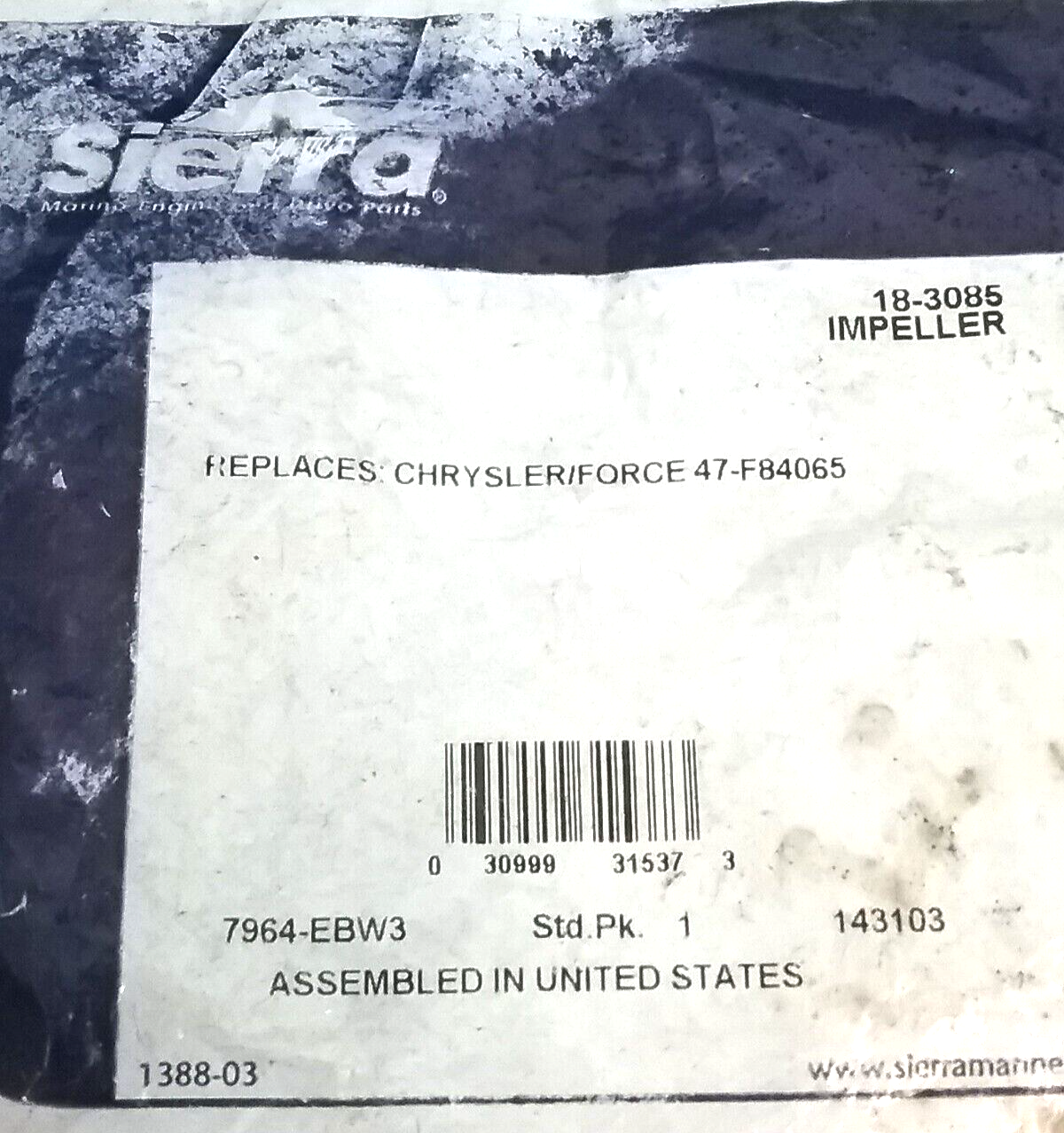 NEW SIERRA 18-3085 IMPELLER Chrysler Outboard 70HP 75HP 1979-1980