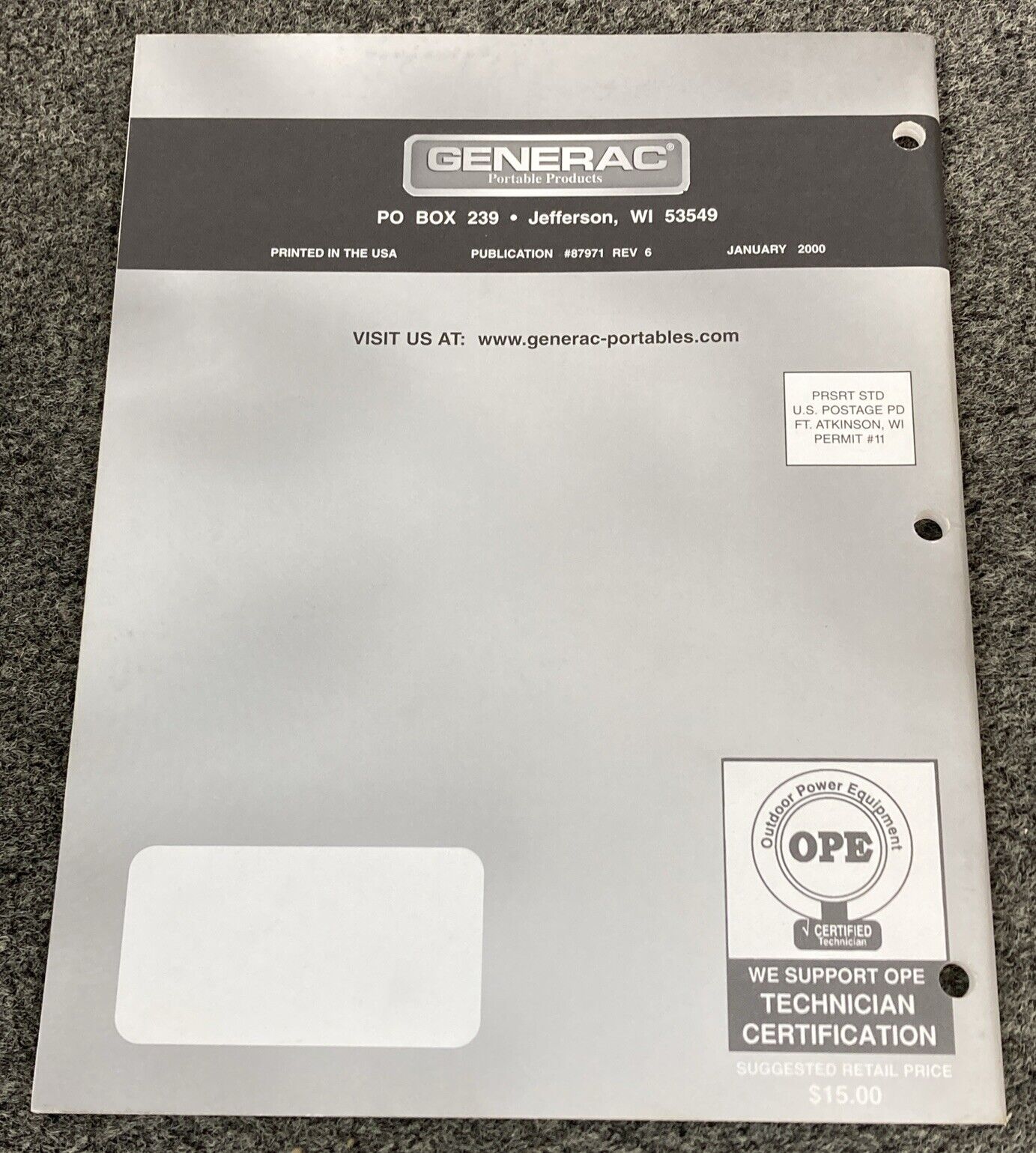 GENERAC PORTABLE GENERATOR 87971 ROTOR/STATOR RESISTANCE TABLES