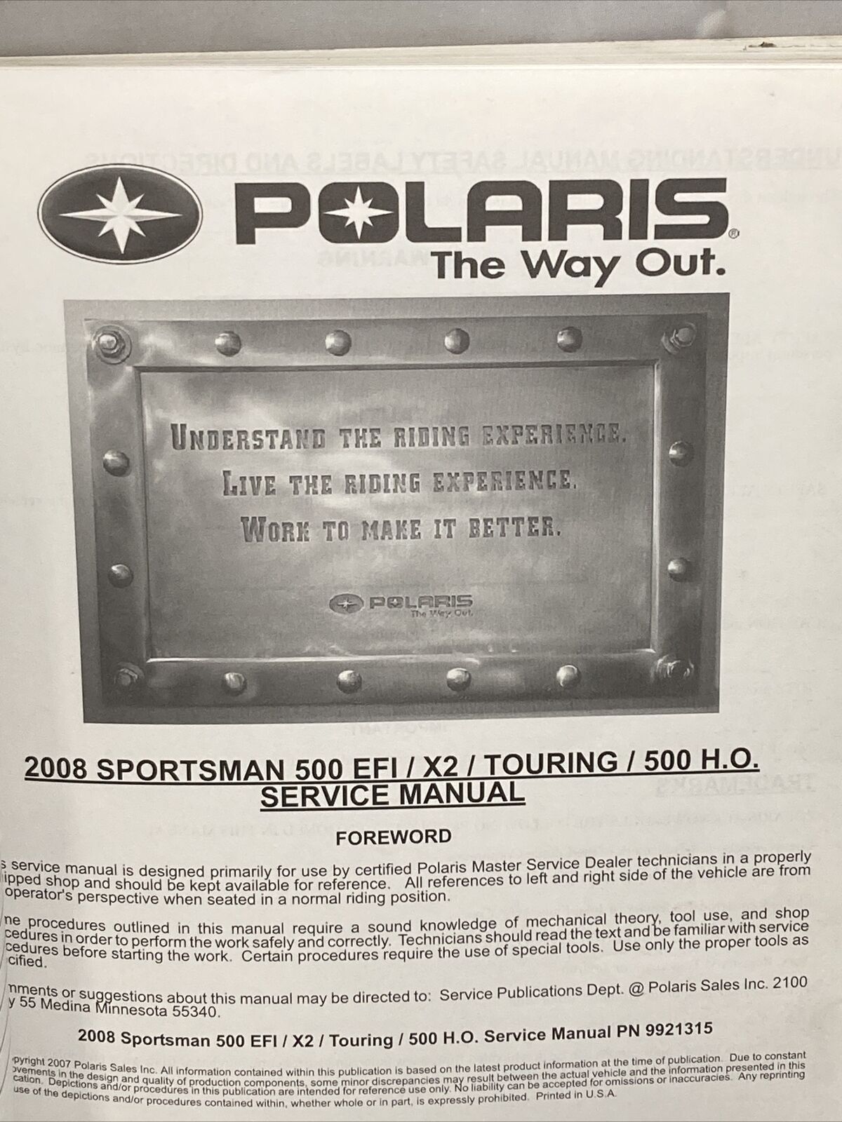 NEW POLARIS 9921315 SPORTSMAN 500 EFI/X2/TOURING 500 SERVICE MANUAL 2008