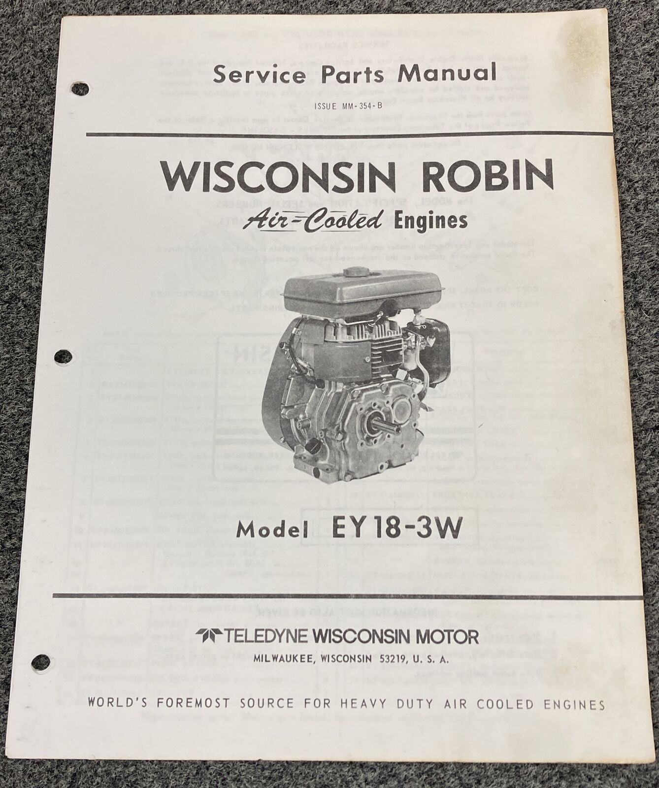 TELEDYNE WISCONSIN ROBIN EY18-3W LOOSE-LEAF SERVICE PARTS MANUAL