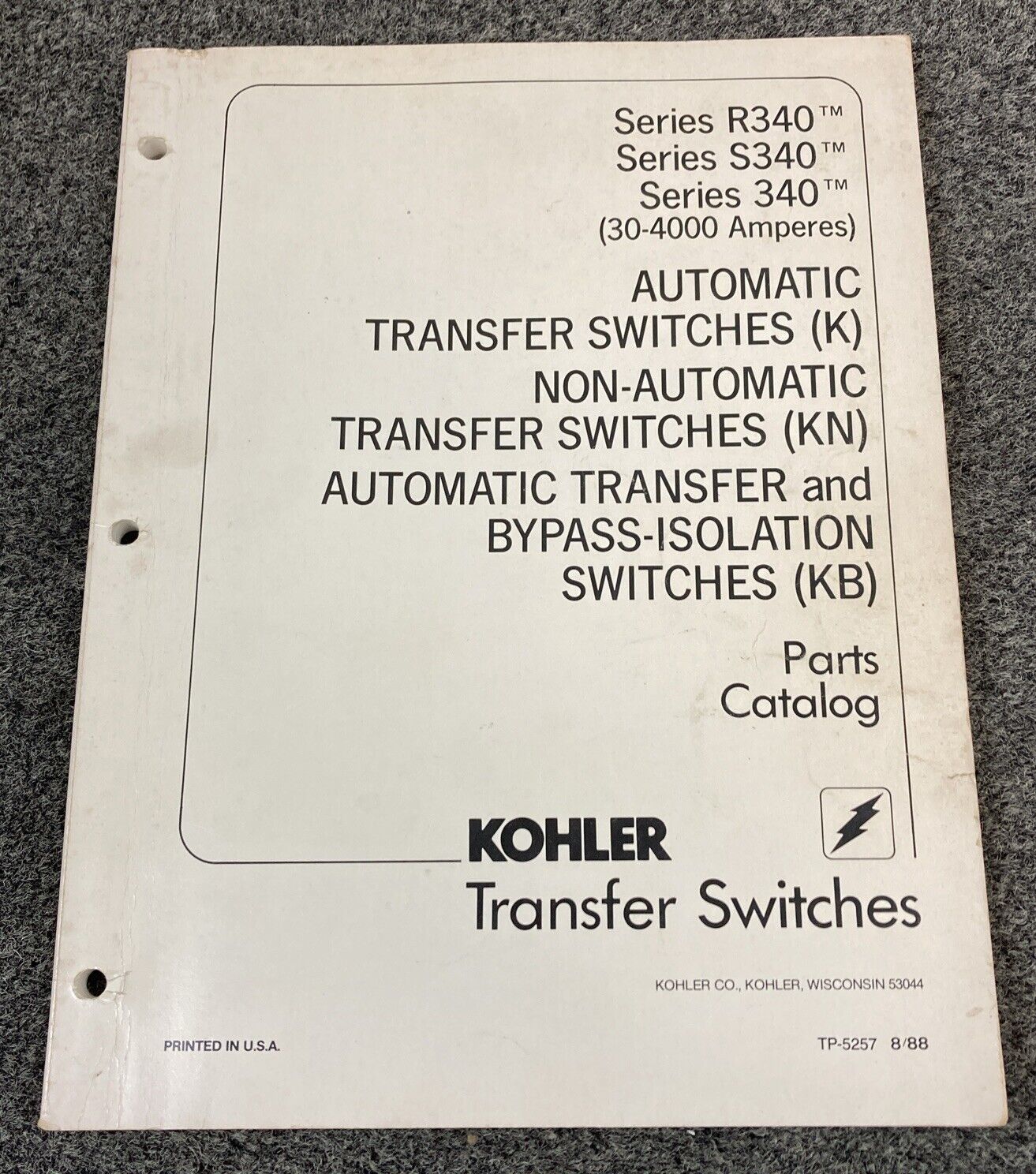 GENUINE KOHLER GENERATORS TP-5087 TP-5257 TRANSFER SWITCHES MANUALS