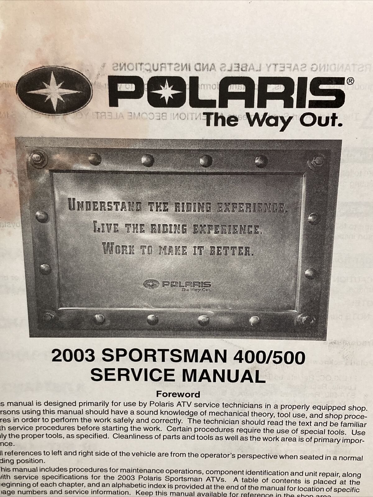 GENUINE POLARIS 9918065 SPORTSMAN 400/500 SERVICE MANUAL 2003