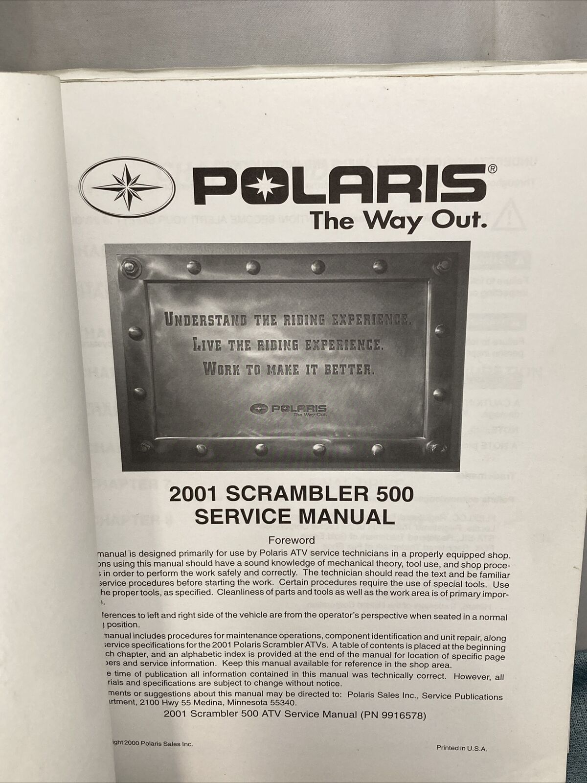 GENUINE POLARIS 9916578 SCRAMBLER 500, 2X4, 4X4 SERVICE MANUAL 2001