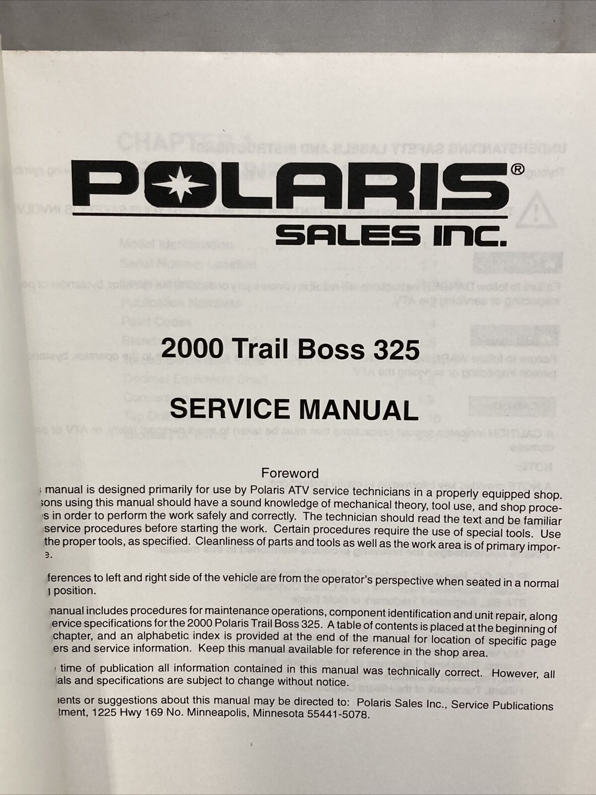 GENUINE POLARIS 9915978 TRAIL BOSS 325 SERVICE MANUAL 2000